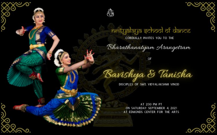 Bharathanatyam Arangetram of Bavishya & Tanisha. Photo courtesy of Edmonds Center for the arts